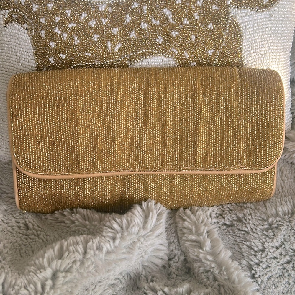 JCrew Gold Beaded Bag with Satin Trim